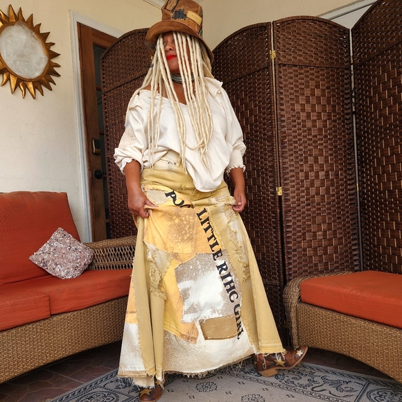 Upcycled Couture concept Designer Maxi Skirt Mustard Denim ShabbyChic - Picture 3 of 16